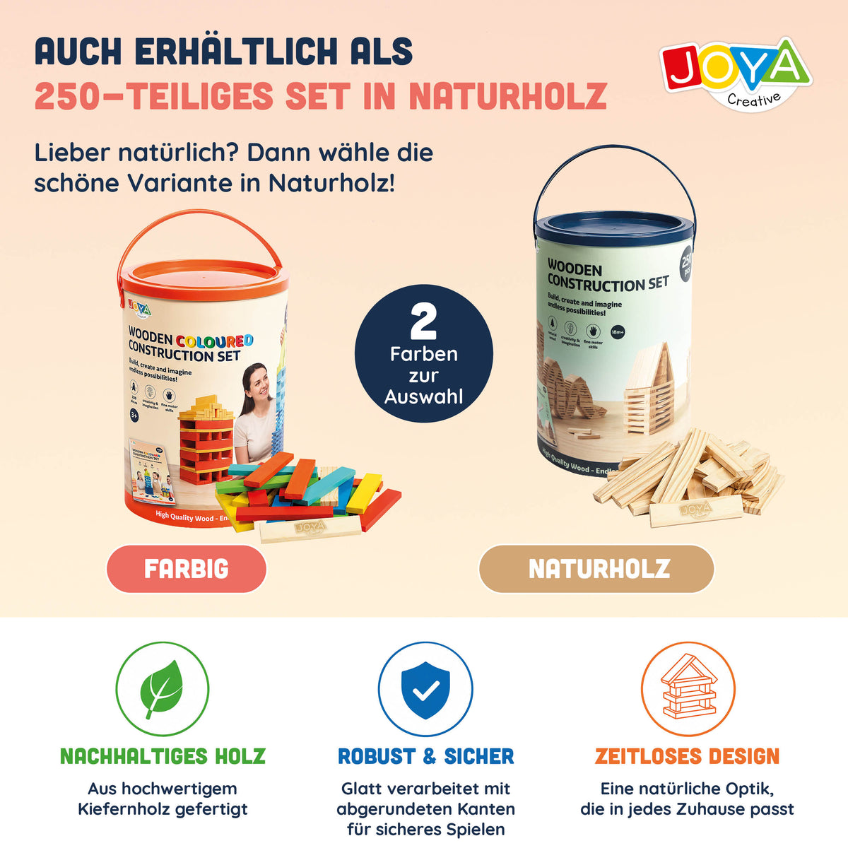 Joya Creative Holzkonstruktionsspielzeug 250tlg. - Bauset für Kinder und Erwachsene - Farbiges Konstruktionsspielzeug in Aufbewahrungsbox - Inklusive Inspirationsbuch