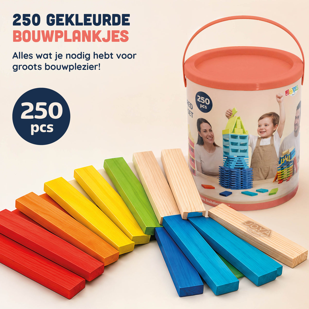Joya Creative Juguete de construcción de madera 250pcs - Set de construcción para niños y adultos - Piezas de construcción de colores en barril de almacenamiento - Incluye libro de inspiración