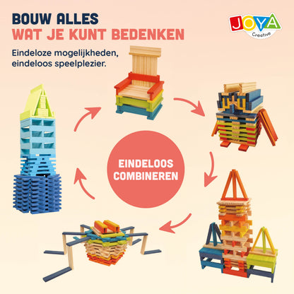 Joya Creative Juguete de construcción de madera 250pcs - Set de construcción para niños y adultos - Piezas de construcción de colores en barril de almacenamiento - Incluye libro de inspiración