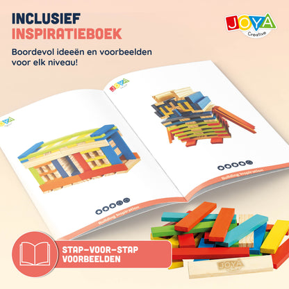 Joya Creative Juguete de construcción de madera 250pcs - Set de construcción para niños y adultos - Piezas de construcción de colores en barril de almacenamiento - Incluye libro de inspiración