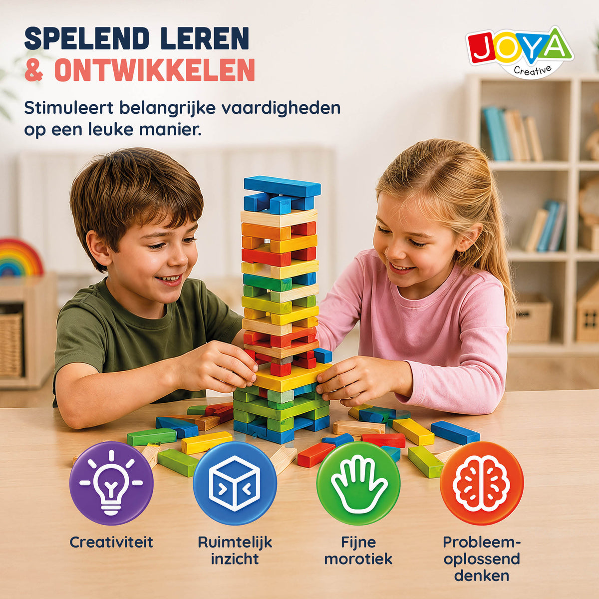 Joya Creative Juguete de construcción de madera 250pcs - Set de construcción para niños y adultos - Piezas de construcción de colores en barril de almacenamiento - Incluye libro de inspiración