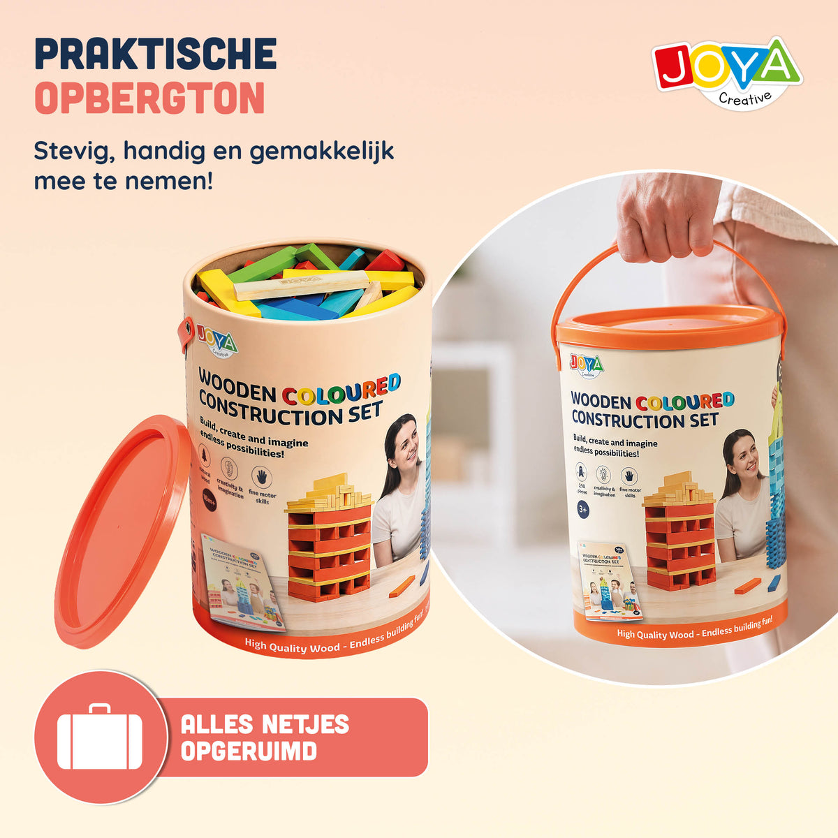 Joya Creative Juguete de construcción de madera 250pcs - Set de construcción para niños y adultos - Piezas de construcción de colores en barril de almacenamiento - Incluye libro de inspiración