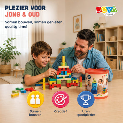 Joya Creative Juguete de construcción de madera 250pcs - Set de construcción para niños y adultos - Piezas de construcción de colores en barril de almacenamiento - Incluye libro de inspiración