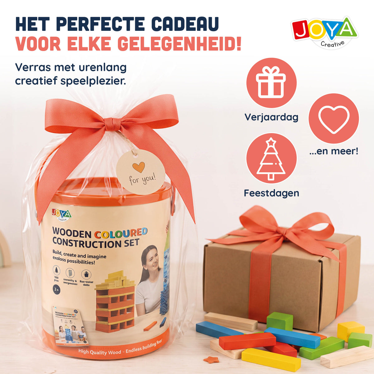 Joya Creative Juguete de construcción de madera 250pcs - Set de construcción para niños y adultos - Piezas de construcción de colores en barril de almacenamiento - Incluye libro de inspiración