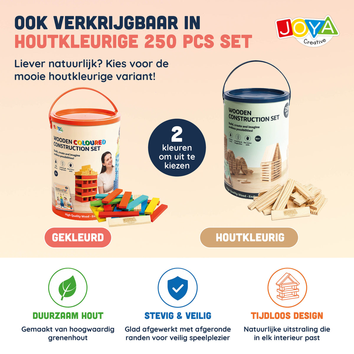 Joya Creative Juguete de construcción de madera 250pcs - Set de construcción para niños y adultos - Piezas de construcción de colores en barril de almacenamiento - Incluye libro de inspiración