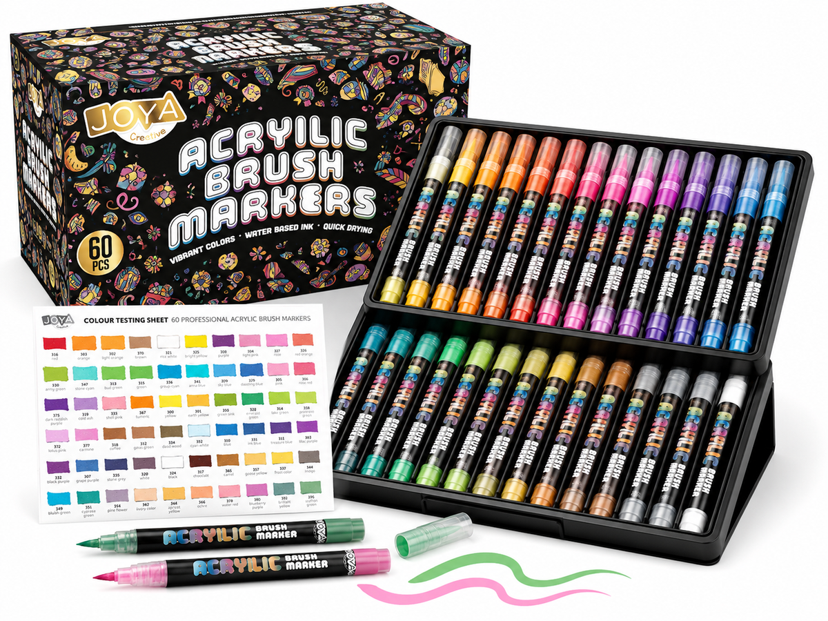 Joya Creative Set de rotuladores acrílicos, 60 unidades - Rotuladores de pintura para piedras decoradas - Punta de pincel flexible - Para adultos y niños - Elegante caja de almacenamiento