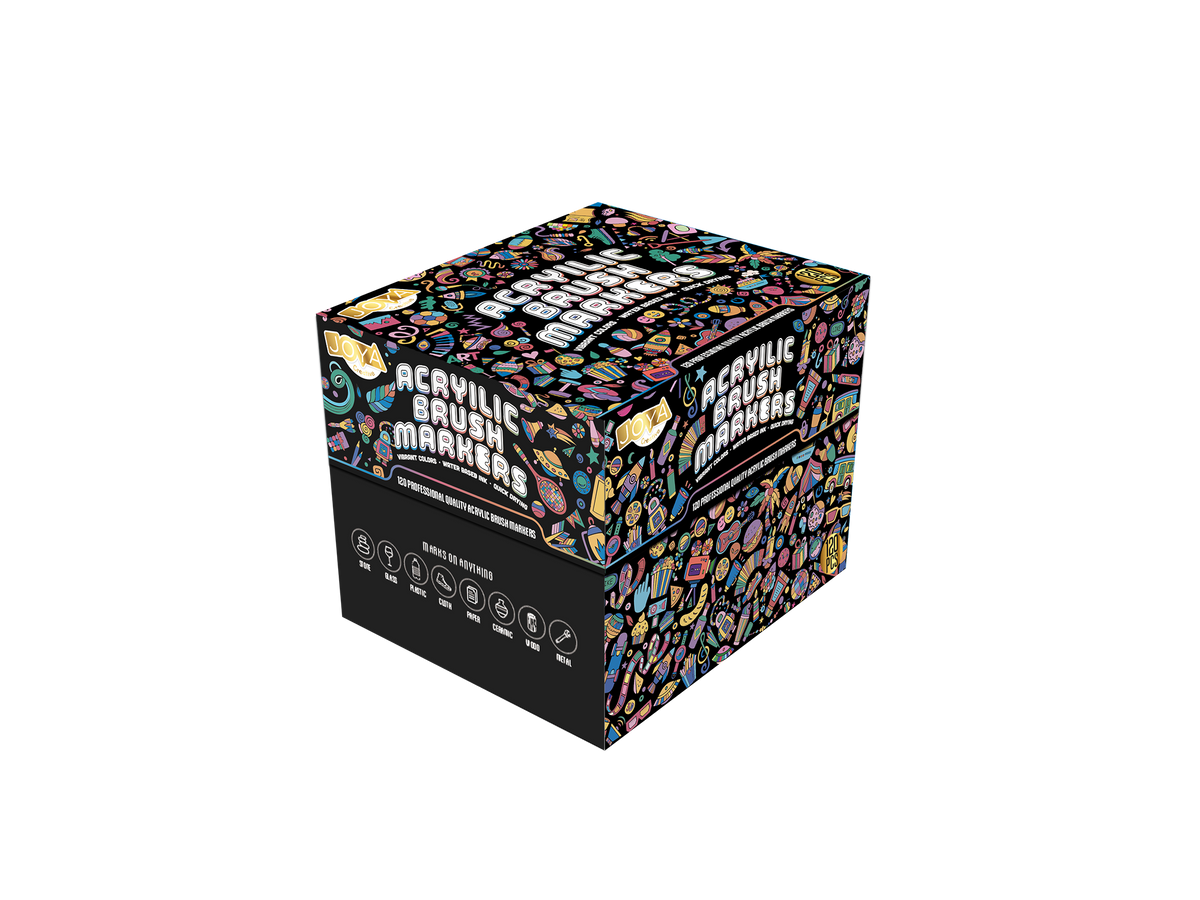 Joya Creative Set de rotuladores acrílicos, 120 unidades - Rotuladores de pintura para piedras decoradas - Punta de pincel flexible - Para adultos y niños - Elegante caja de almacenamiento