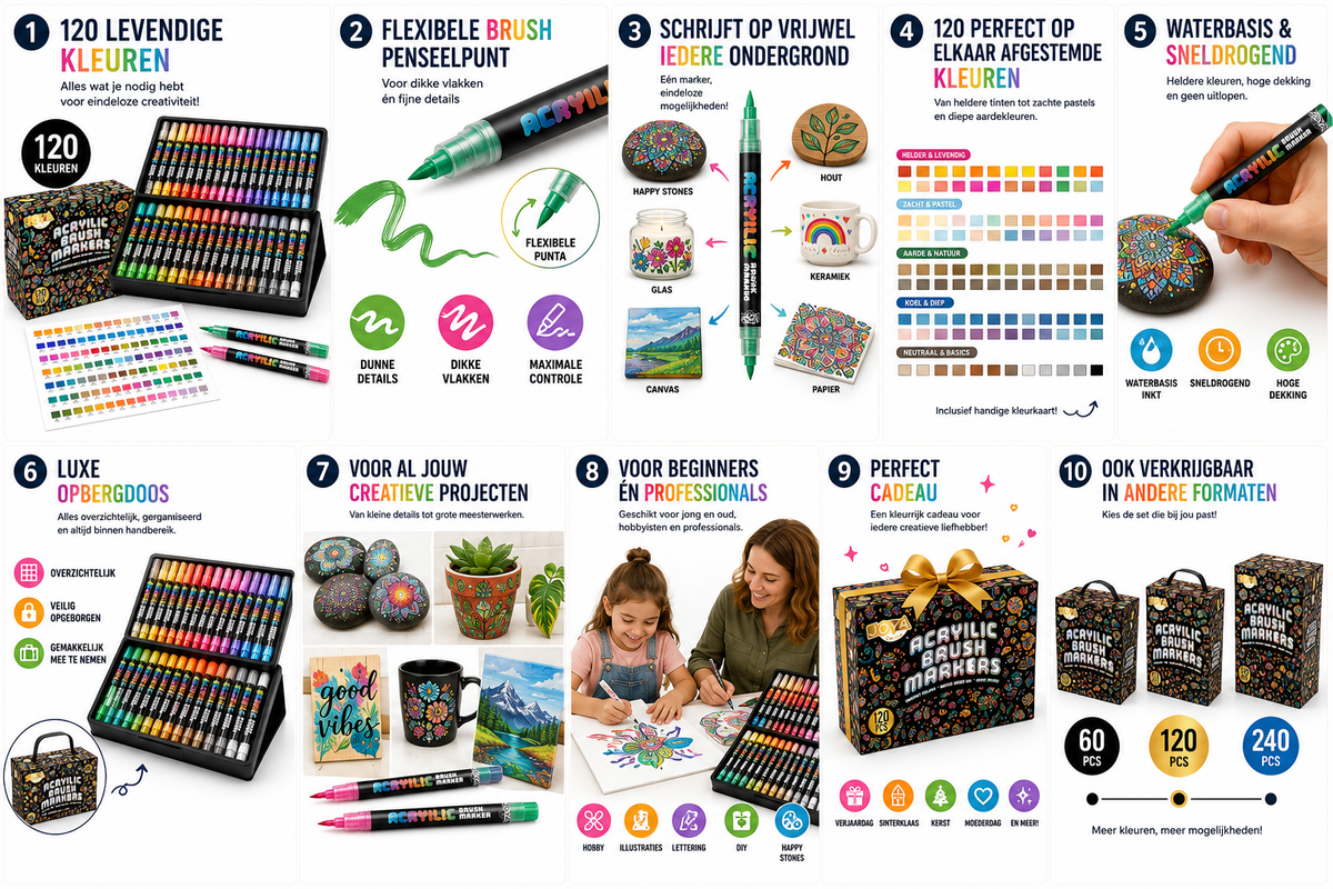 Joya Creative Set de rotuladores acrílicos, 120 unidades - Rotuladores de pintura para piedras decoradas - Punta de pincel flexible - Para adultos y niños - Elegante caja de almacenamiento