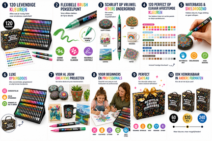 Joya Creative Set de rotuladores acrílicos, 120 unidades - Rotuladores de pintura para piedras decoradas - Punta de pincel flexible - Para adultos y niños - Elegante caja de almacenamiento