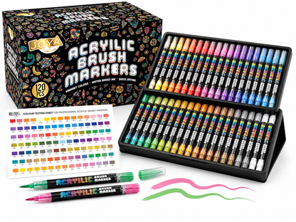 Joya Creative Set de rotuladores acrílicos, 120 unidades - Rotuladores de pintura para piedras decoradas - Punta de pincel flexible - Para adultos y niños - Elegante caja de almacenamiento