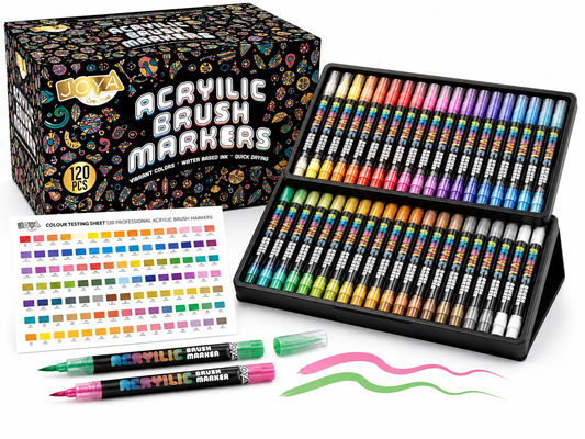 Joya Creative Set de rotuladores acrílicos, 120 unidades - Rotuladores de pintura para piedras decoradas - Punta de pincel flexible - Para adultos y niños - Elegante caja de almacenamiento