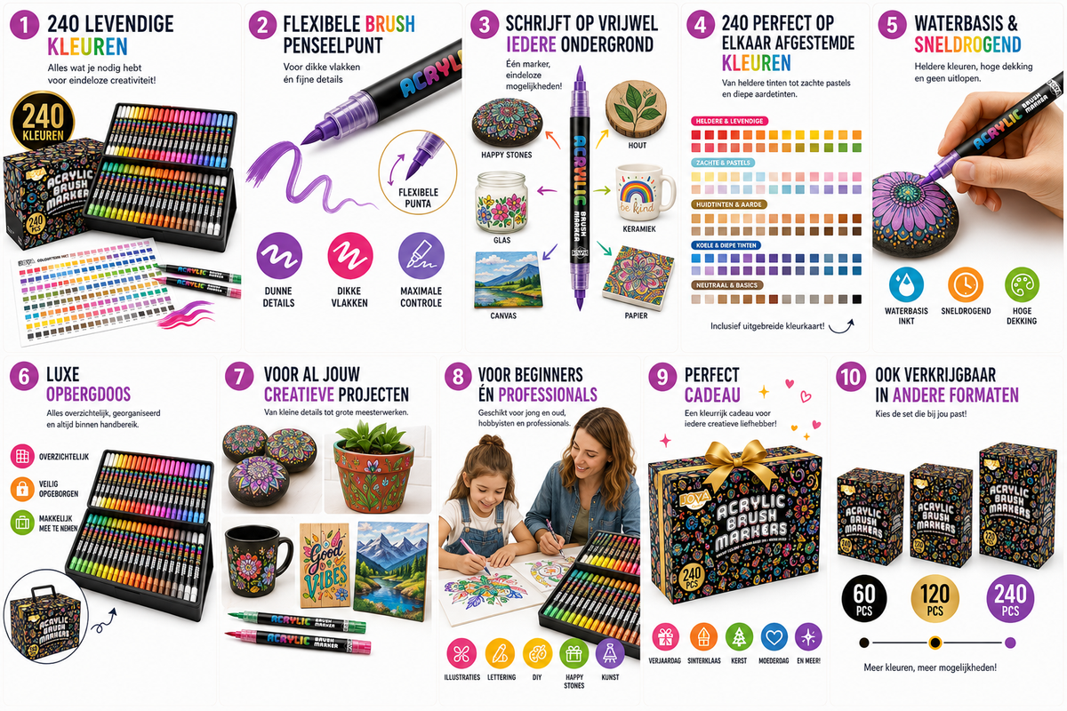 Joya Creative Set de rotuladores acrílicos, 240 unidades - Rotuladores de pintura para piedras decoradas - Punta de pincel flexible - Para adultos y niños - Elegante caja de almacenamiento