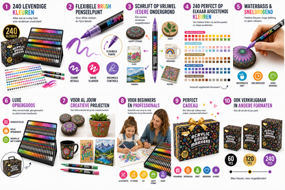 Joya Creative Set de rotuladores acrílicos, 240 unidades - Rotuladores de pintura para piedras decoradas - Punta de pincel flexible - Para adultos y niños - Elegante caja de almacenamiento