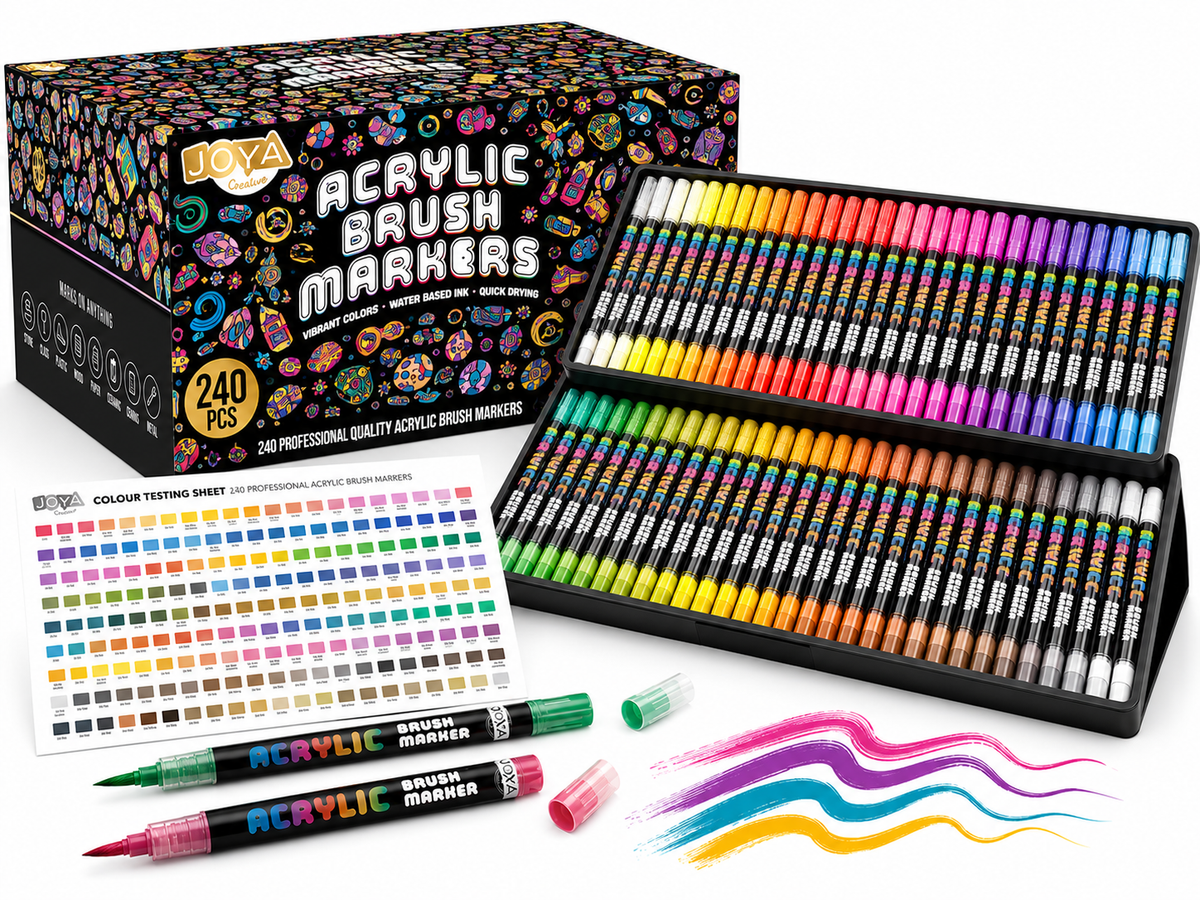 Joya Creative Set de rotuladores acrílicos, 240 unidades - Rotuladores de pintura para piedras decoradas - Punta de pincel flexible - Para adultos y niños - Elegante caja de almacenamiento