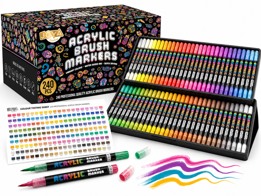 Joya Creative Set de rotuladores acrílicos, 240 unidades - Rotuladores de pintura para piedras decoradas - Punta de pincel flexible - Para adultos y niños - Elegante caja de almacenamiento