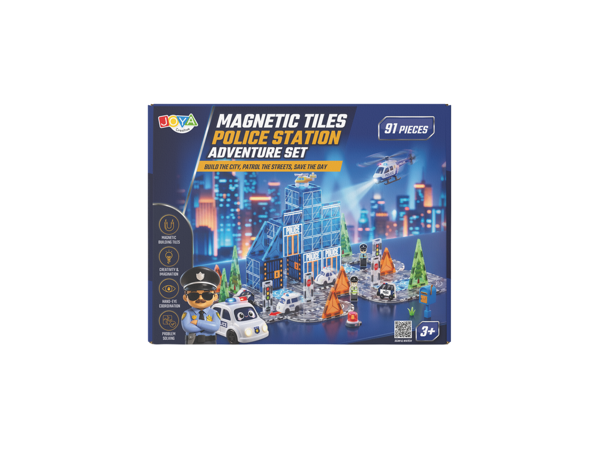 Joya Creative Magnetic Tiles Politiebureau - 91 Stuks Magnetische Tegels - Racebaan met Zelfrijdende Auto - Montessori Constructie Speelgoed