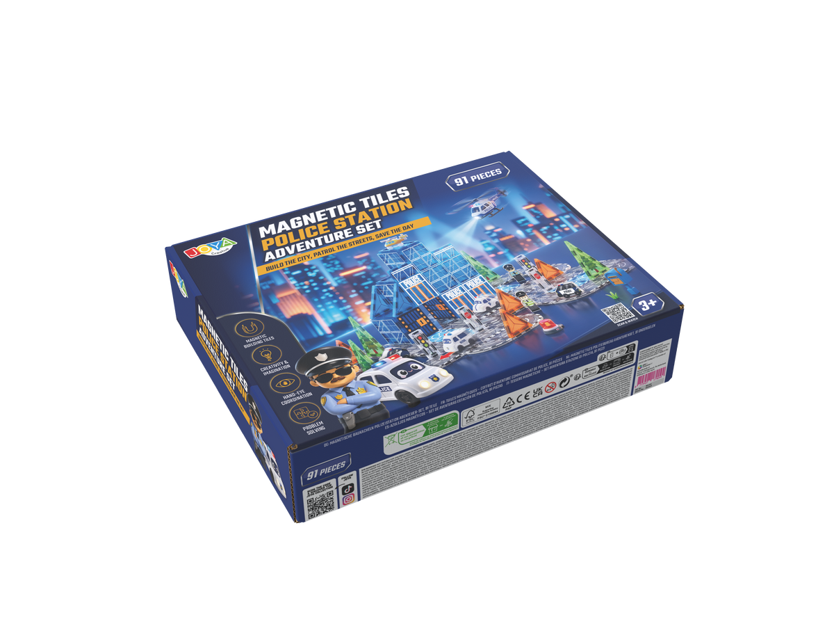 Joya Creative Magnetic Tiles Politiebureau - 91 Stuks Magnetische Tegels - Racebaan met Zelfrijdende Auto - Montessori Constructie Speelgoed
