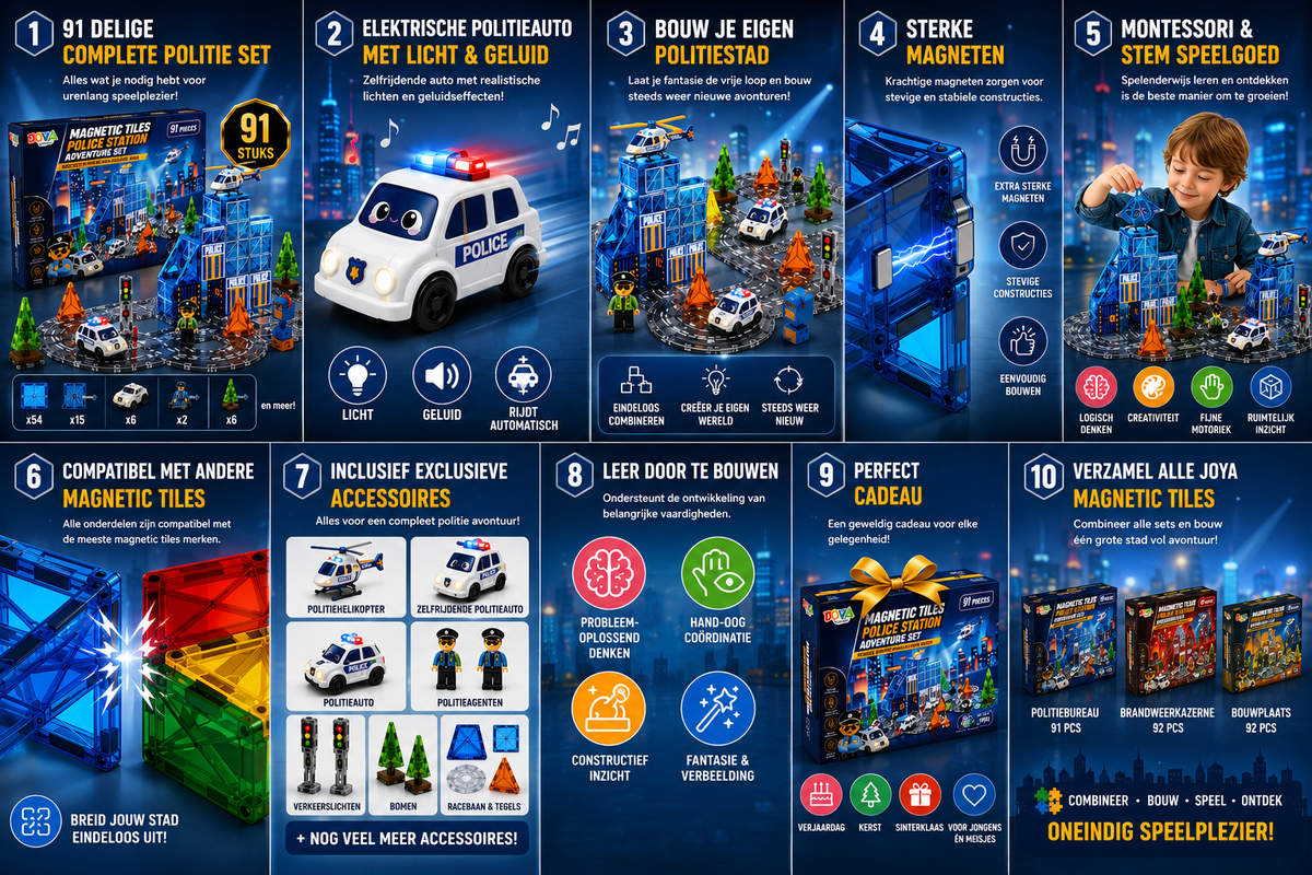 Joya Creative Magnetic Tiles Politiebureau - 91 Stuks Magnetische Tegels - Racebaan met Zelfrijdende Auto - Montessori Constructie Speelgoed