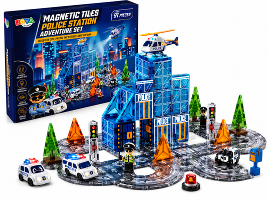Joya Creative Magnetic Tiles Politiebureau - 91 Stuks Magnetische Tegels - Racebaan met Zelfrijdende Auto - Montessori Constructie Speelgoed