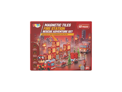 Joya Creative Magnetic Tiles Brandweer - 92 Stuks Magnetische Tegels met Racebaan - Zelfrijdende Auto - Montessori Constructie Speelgoed