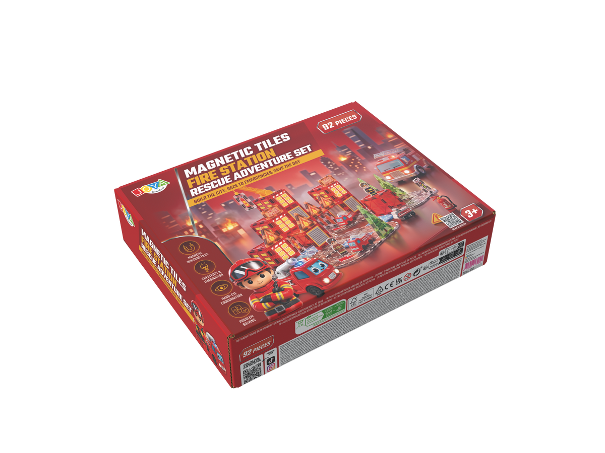 Joya Creative Magnetic Tiles Brandweer - 92 Stuks Magnetische Tegels met Racebaan - Zelfrijdende Auto - Montessori Constructie Speelgoed