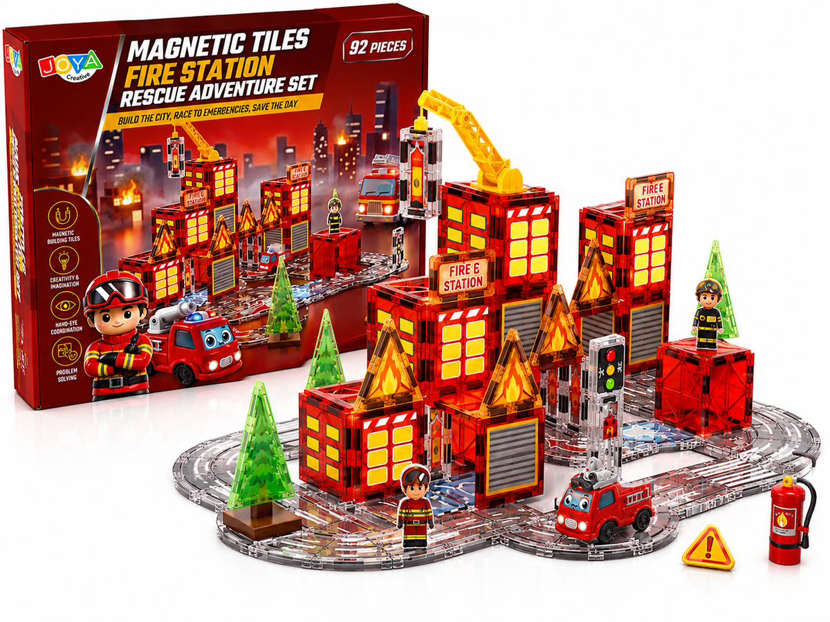 Joya Creative Magnetic Tiles Brandweer - 92 Stuks Magnetische Tegels met Racebaan - Zelfrijdende Auto - Montessori Constructie Speelgoed