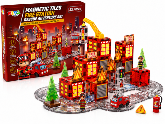 Joya Creative Magnetic Tiles Brandweer - 92 Stuks Magnetische Tegels met Racebaan - Zelfrijdende Auto - Montessori Constructie Speelgoed