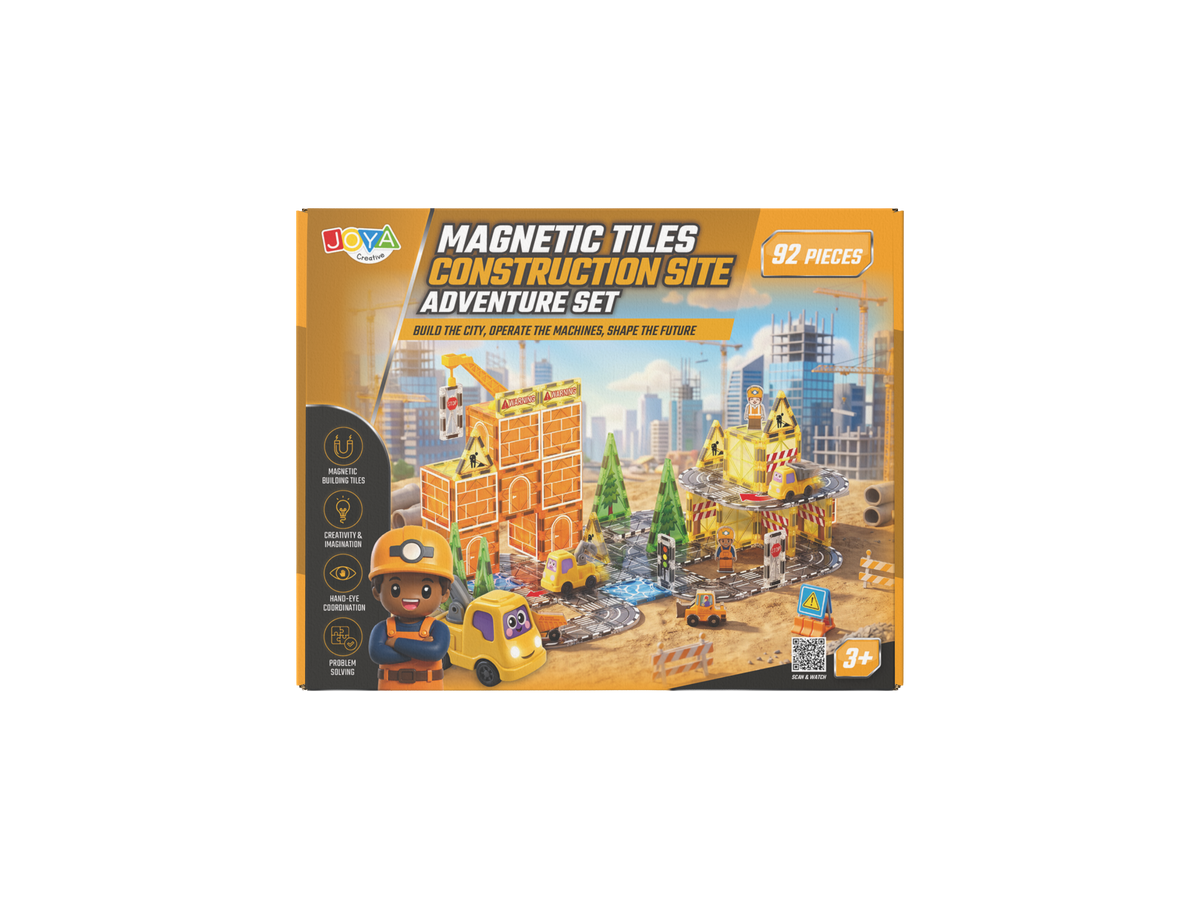 Joya Creative Magnetic Tiles Obra en construcción - 92 piezas de baldosas magnéticas con circuito de carreras - Coche autónomo - Juguete de construcción Montessori