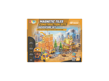 Joya Creative Magnetic Tiles Obra en construcción - 92 piezas de baldosas magnéticas con circuito de carreras - Coche autónomo - Juguete de construcción Montessori