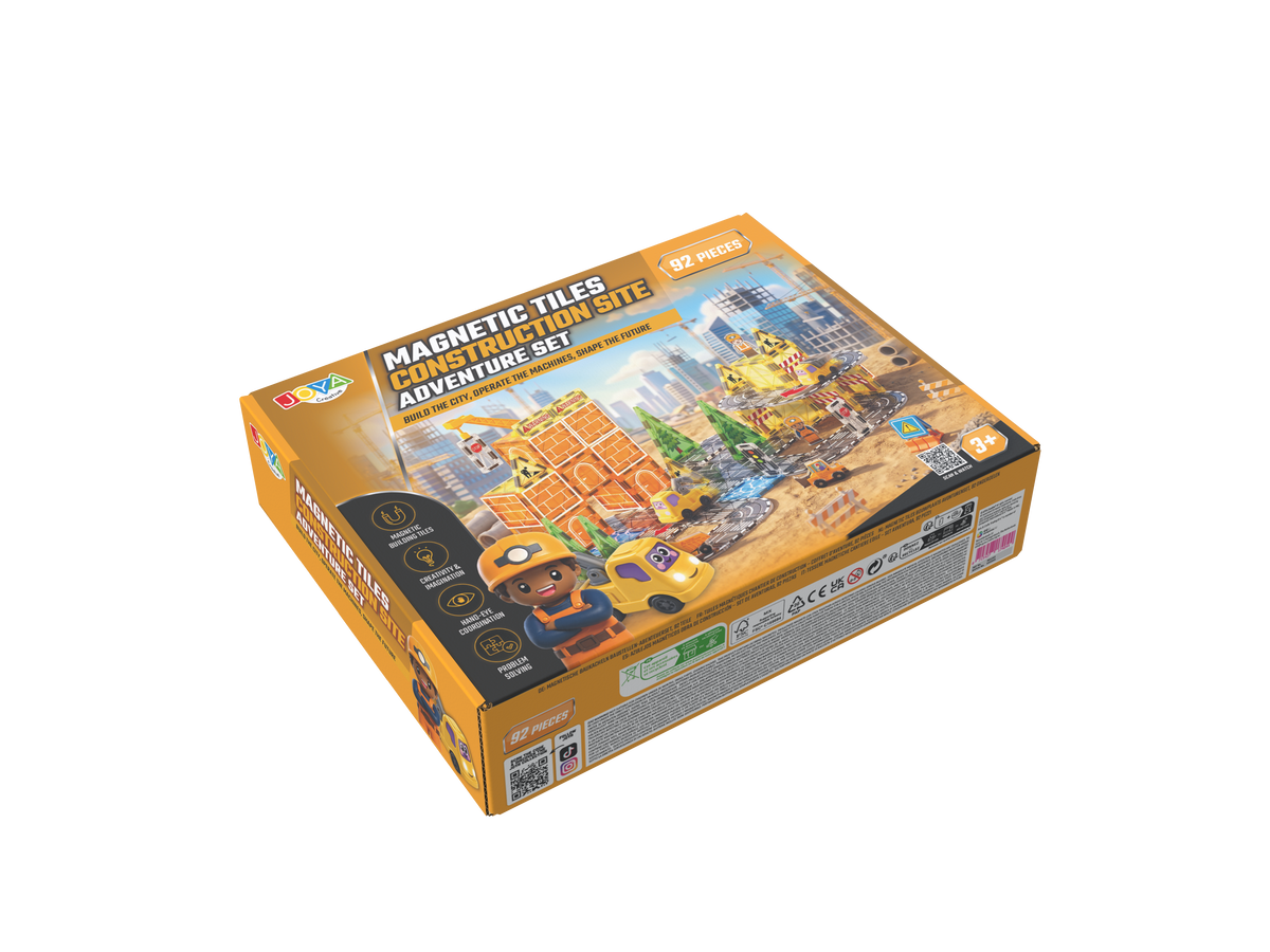 Joya Creative Magnetic Tiles Obra en construcción - 92 piezas de baldosas magnéticas con circuito de carreras - Coche autónomo - Juguete de construcción Montessori