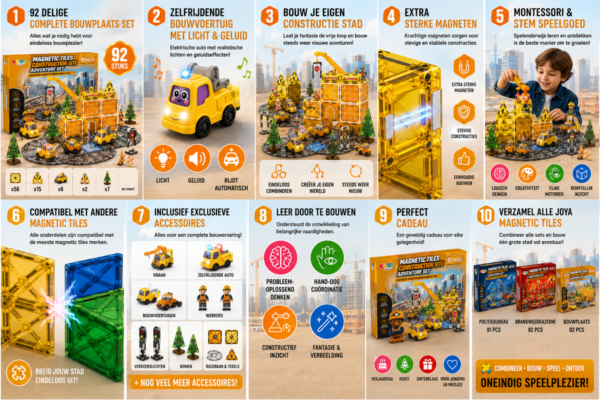 Joya Creative Magnetic Tiles Obra en construcción - 92 piezas de baldosas magnéticas con circuito de carreras - Coche autónomo - Juguete de construcción Montessori