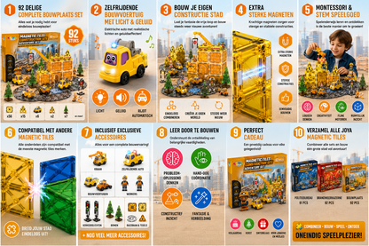 Joya Creative Magnetic Tiles Obra en construcción - 92 piezas de baldosas magnéticas con circuito de carreras - Coche autónomo - Juguete de construcción Montessori
