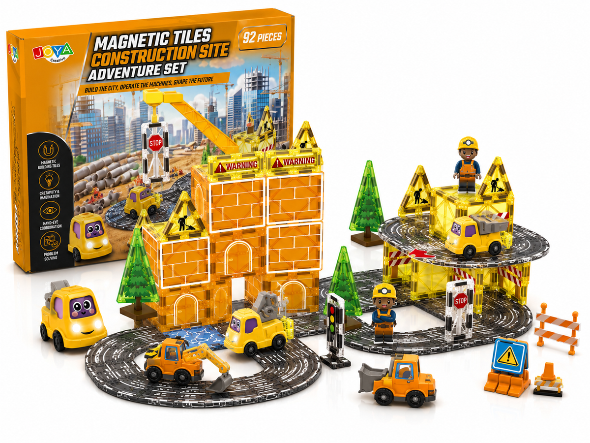 Joya Creative Magnetic Tiles Obra en construcción - 92 piezas de baldosas magnéticas con circuito de carreras - Coche autónomo - Juguete de construcción Montessori