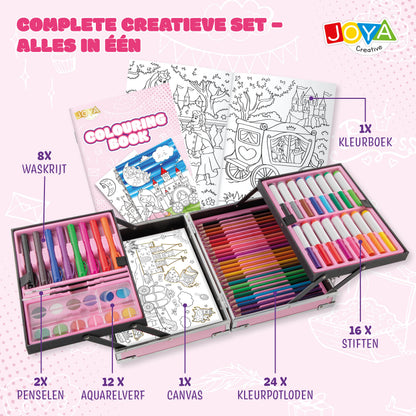 Joya Creative Maletín de colorear de lujo para niñas - Maletín completo de dibujo y pintura de más de 150 piezas con lienzo, rotuladores y libro para colorear