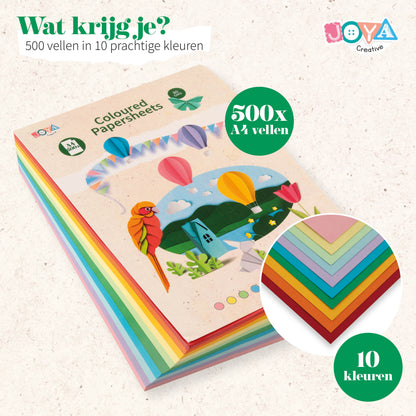 Joya Creative Gekleurd Papier A4 500 Vel – 10 Kleuren Knutselpapier 80g voor Vouwen, Knutselen, School en Hobby