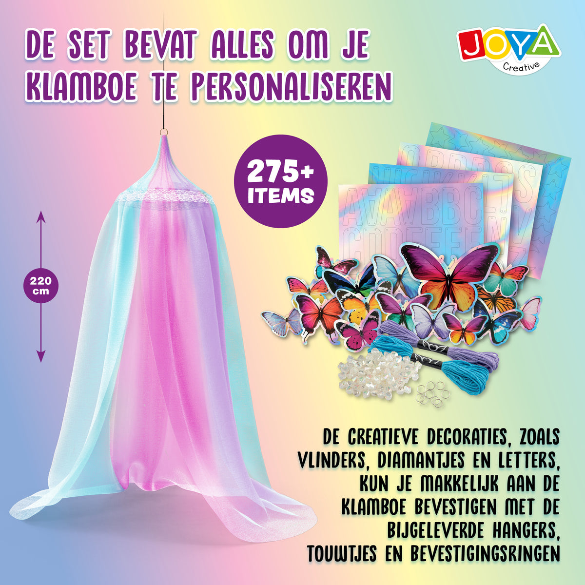 Joya Creative Klamboe Versieren Set – Personaliseer Je Eigen Roze Hemelbed met Vlinders, Diamantjes en Letters