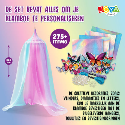 Joya Creative Klamboe Versieren Set – Personaliseer Je Eigen Roze Hemelbed met Vlinders, Diamantjes en Letters