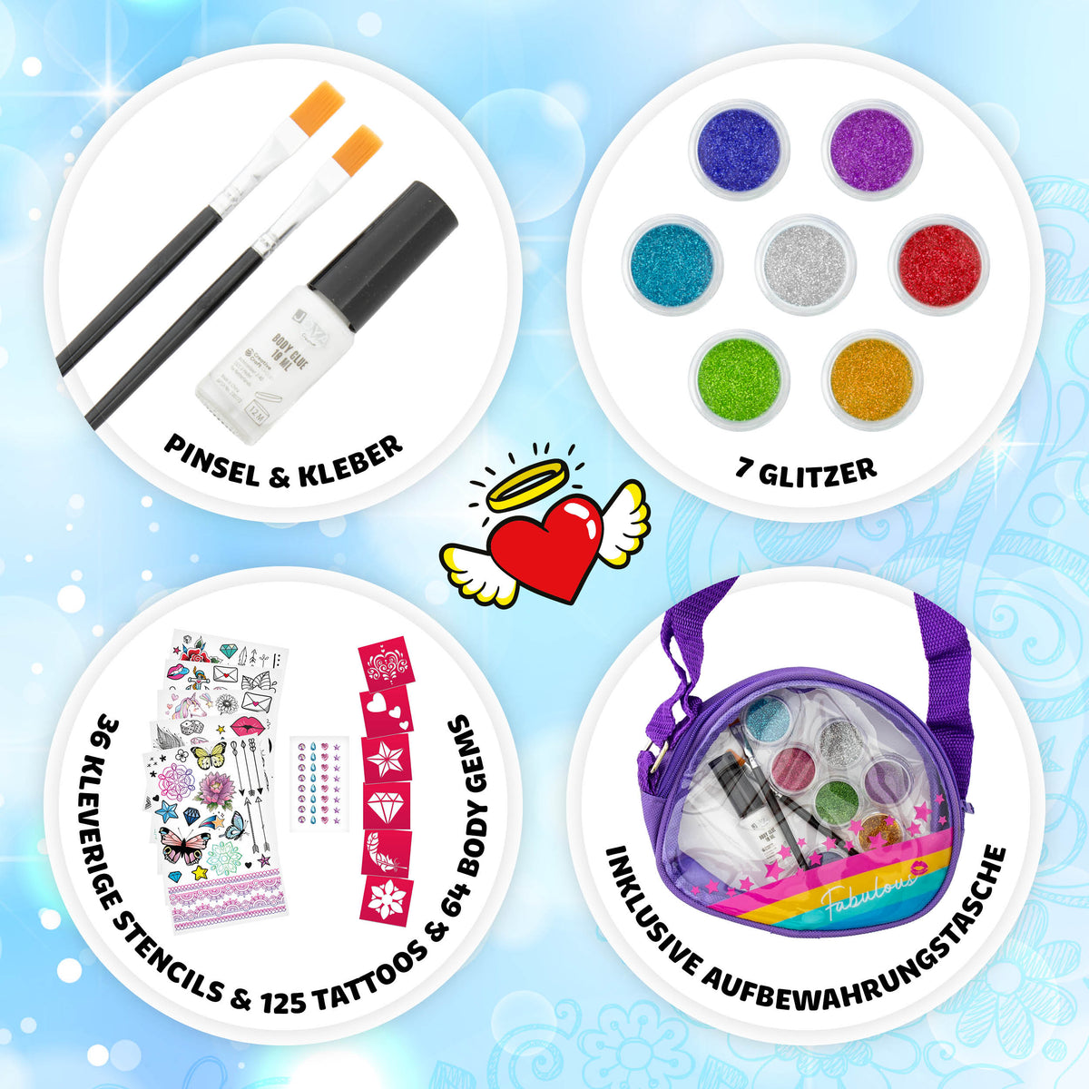 Joya Creative Glitzer-Tattoo-Set XXL – Biologisch abbaubare Glitzer-Tattoos mit Schablonen für Kinder