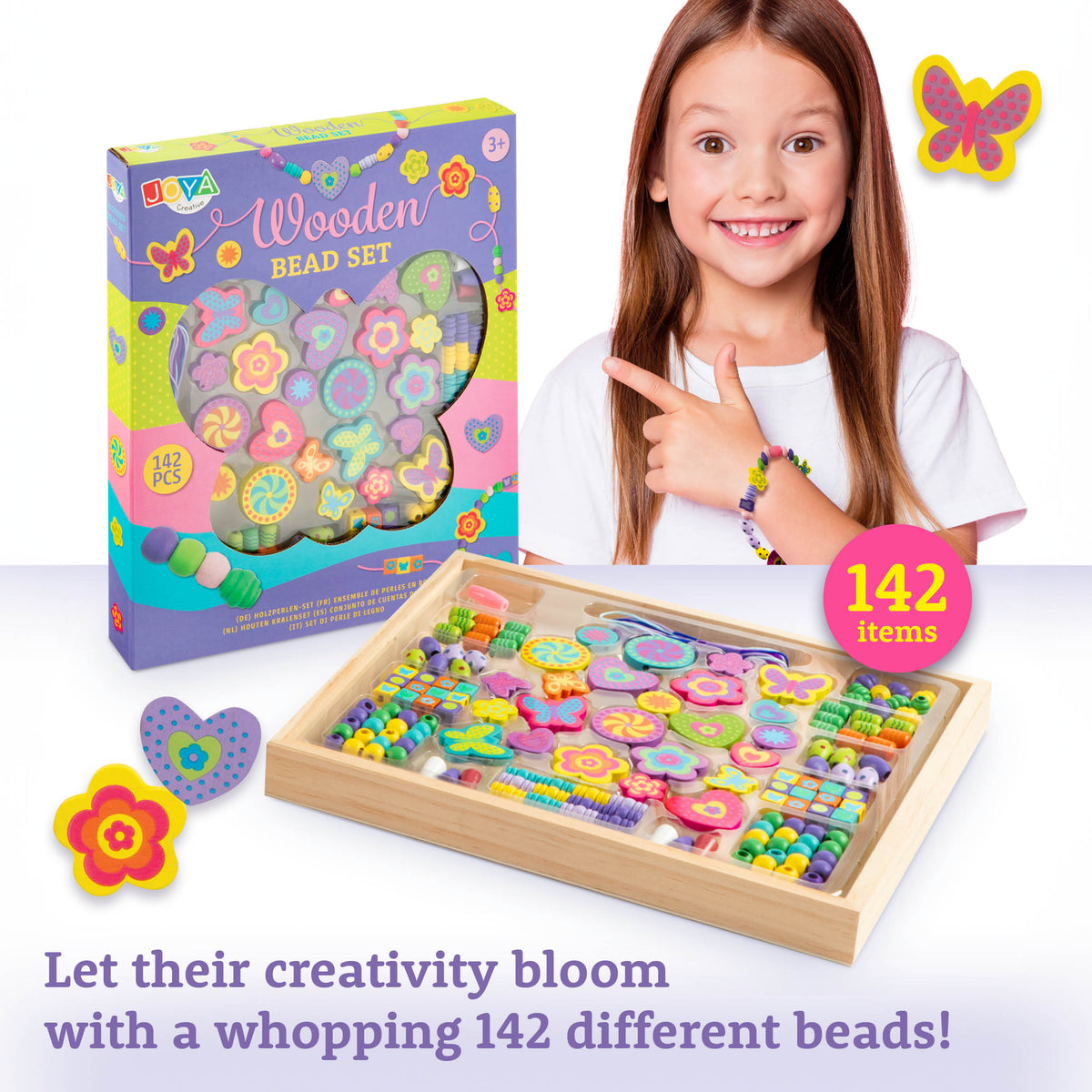 Joya Creative Wooden Jewelry Making Set 142 Pieces – FSC Bead Set with Wooden Storage Box for Children