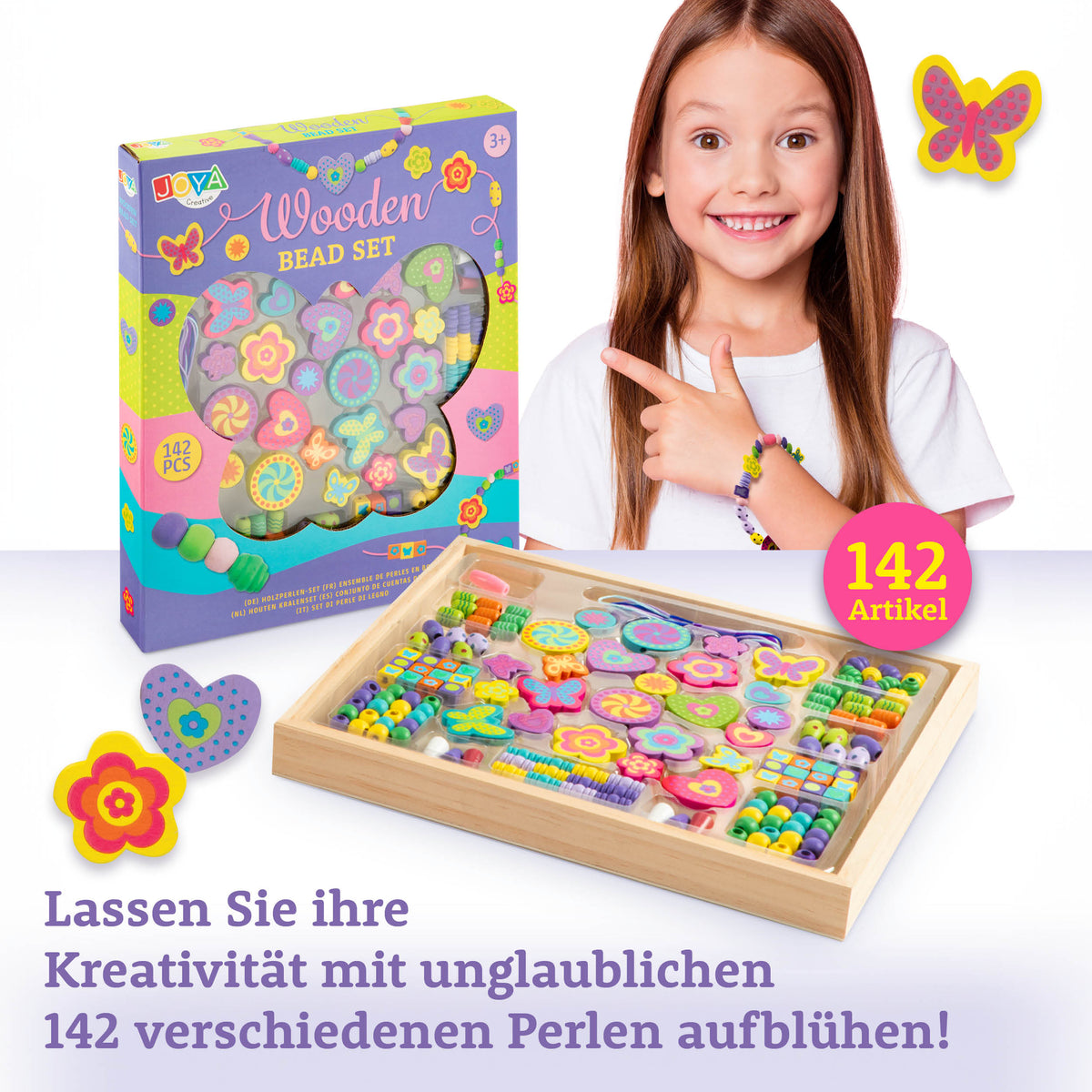 Joya Creative Holzschmuck Bastelset 142-teilig – FSC-Perlenset mit Aufbewahrungsbox aus Holz für Kinder