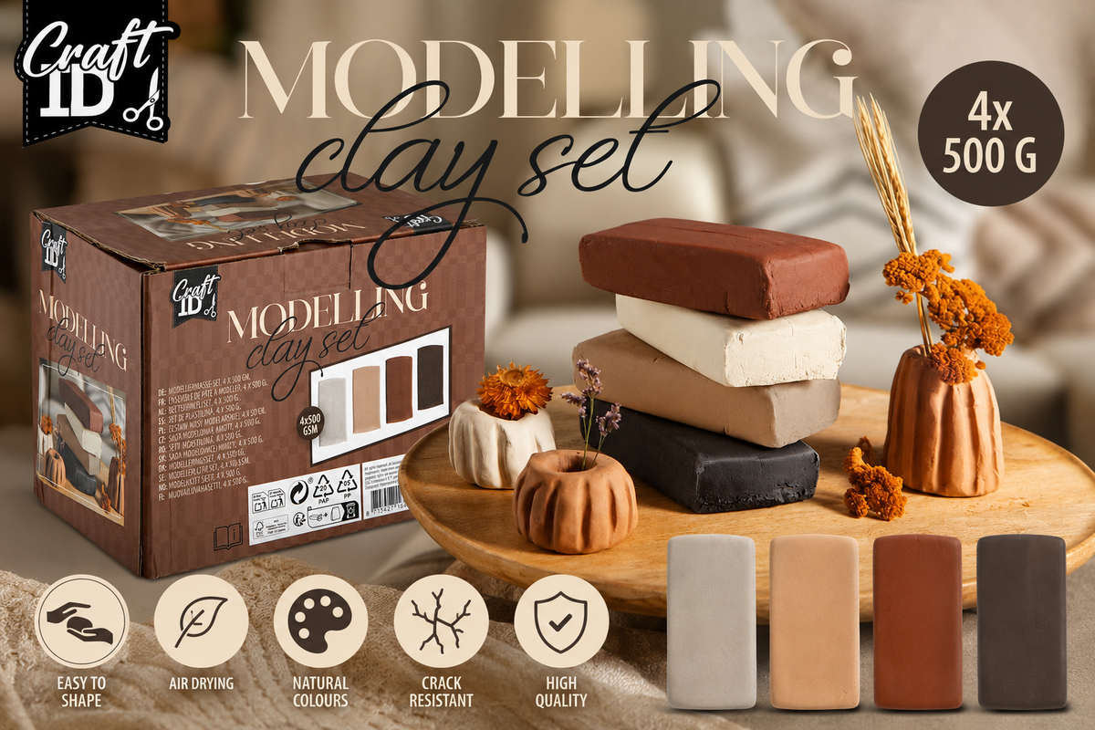 Joya Creative Modeling Clay 4 x 500 Gram – Air-Hardening Clay in White, Sand, Terracotta & Black | Self-Drying Clay for Adults and Children