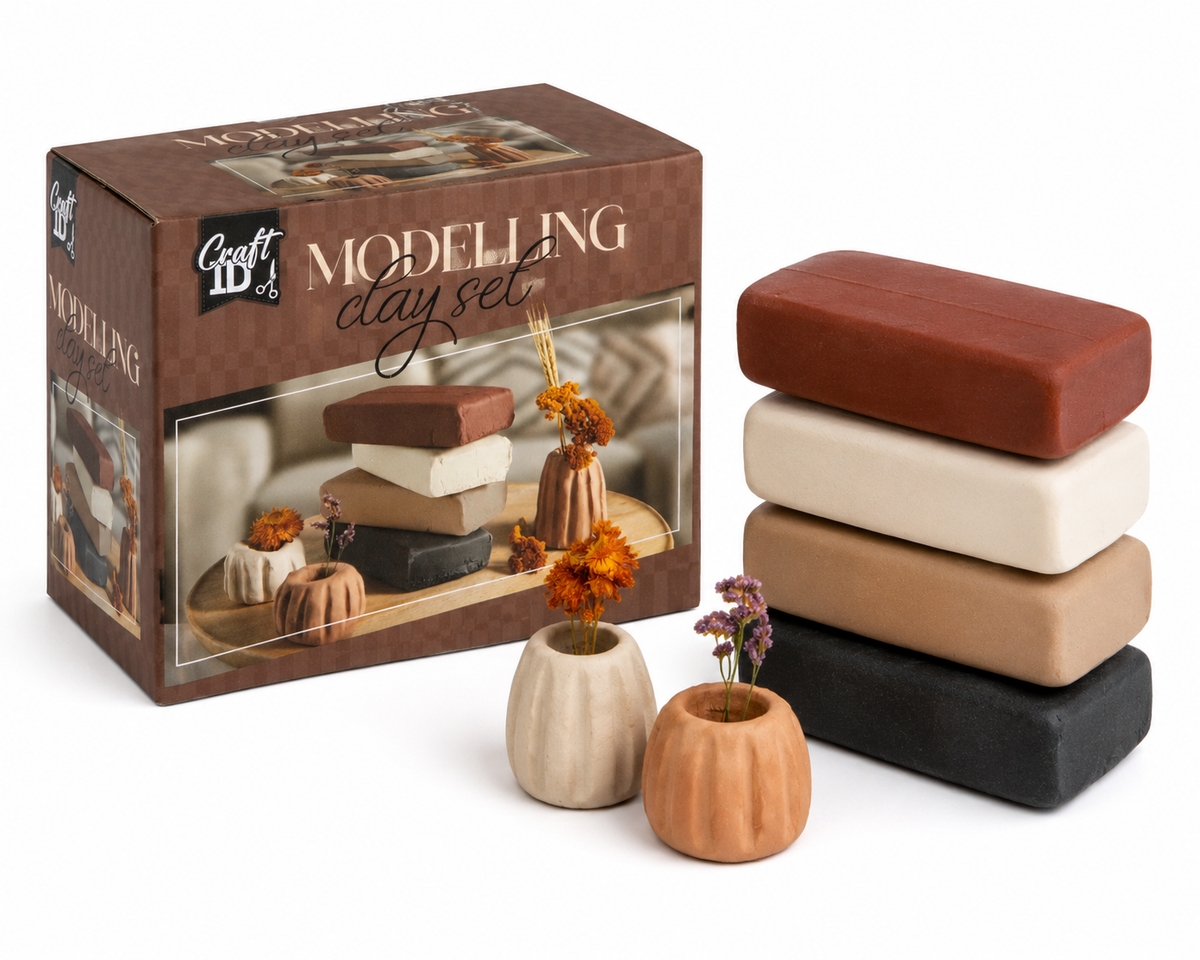 Joya Creative Modeling Clay 4 x 500 Gram – Air-Hardening Clay in White, Sand, Terracotta & Black | Self-Drying Clay for Adults and Children