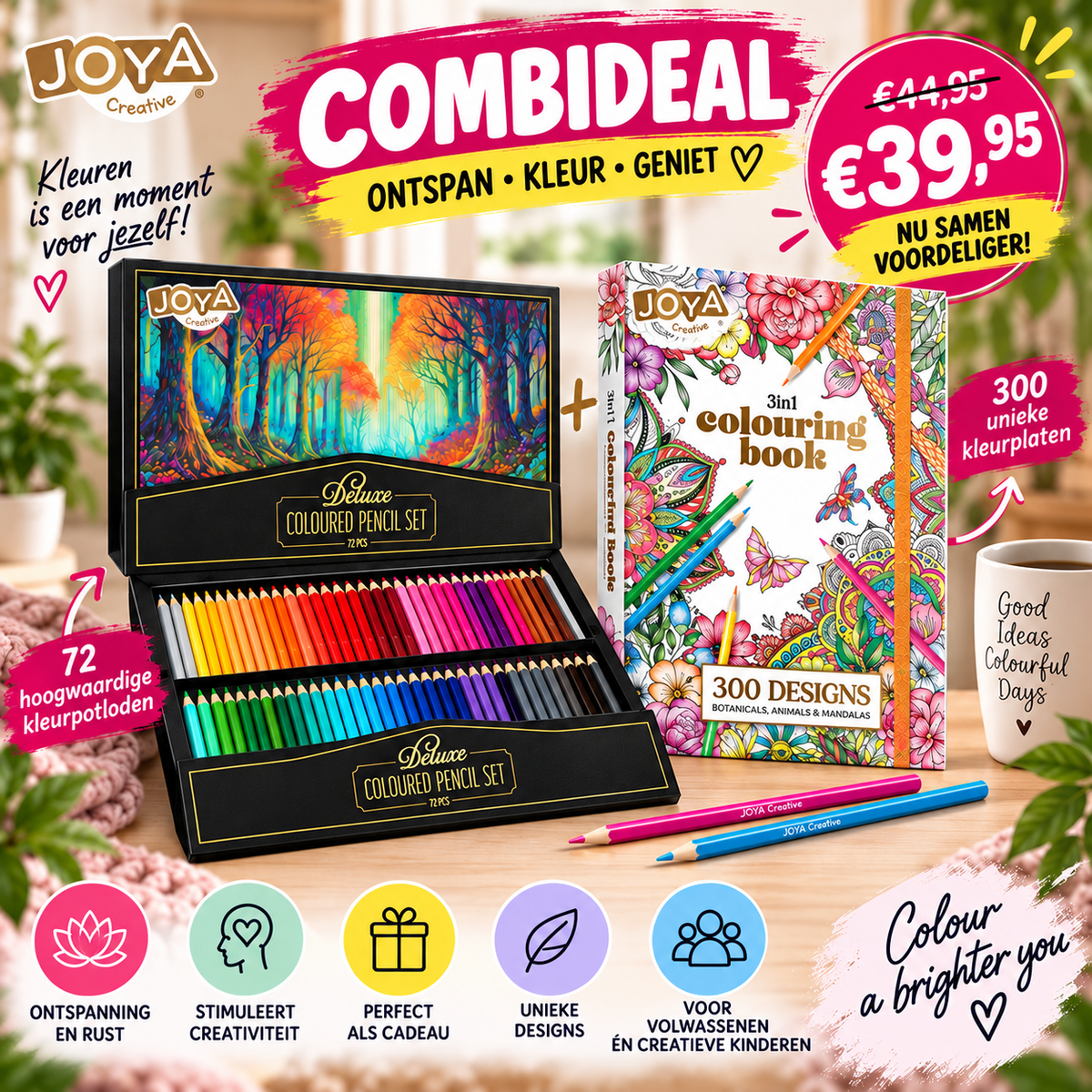 Complete Kleurset voor Volwassenen – 72 Kleurpotloden + Kleurboek 300 Designs | JOYA Creative