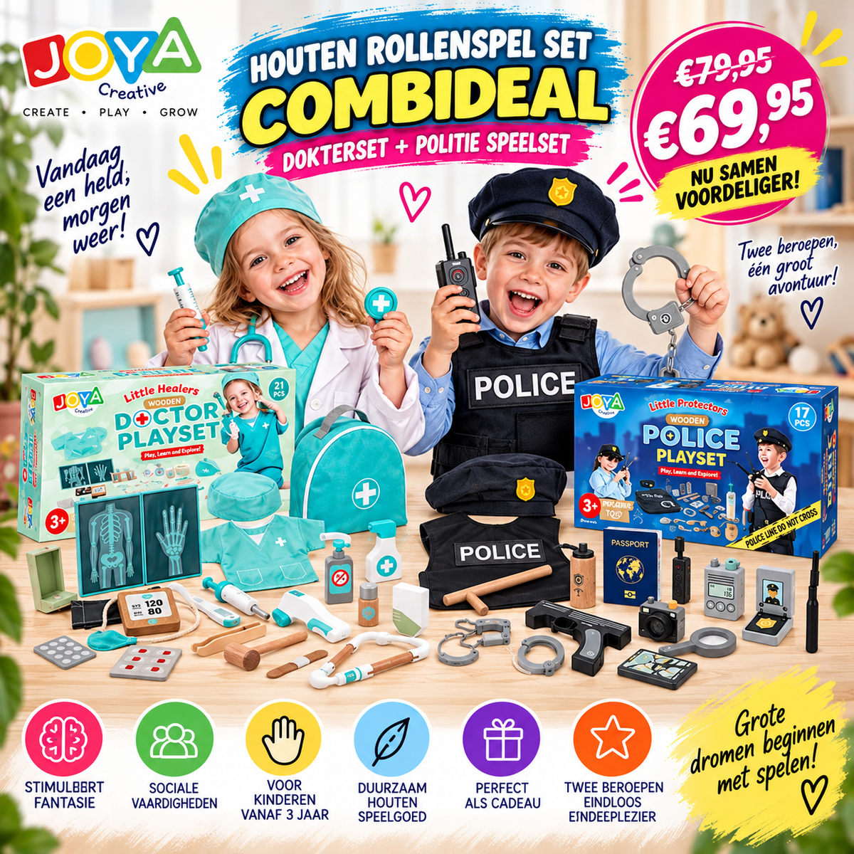 Houten Rollenspel Combideal – Dokterset + Politie Speelset | JOYA Creative