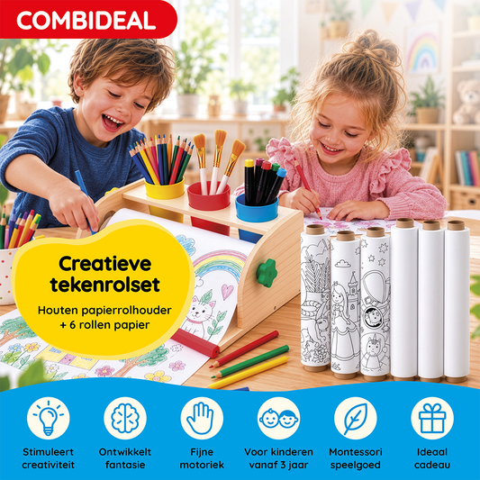 Creatieve Tekenrol Set voor Kinderen – Houten Papierrolhouder + 6 Rollen Papier | JOYA Creative