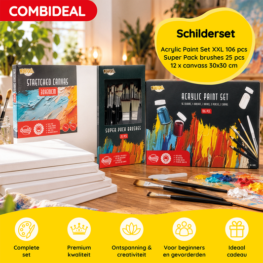 Complete Schilderset – Acrylverf, Penselen & 12 Canvasdoeken | JOYA Creative