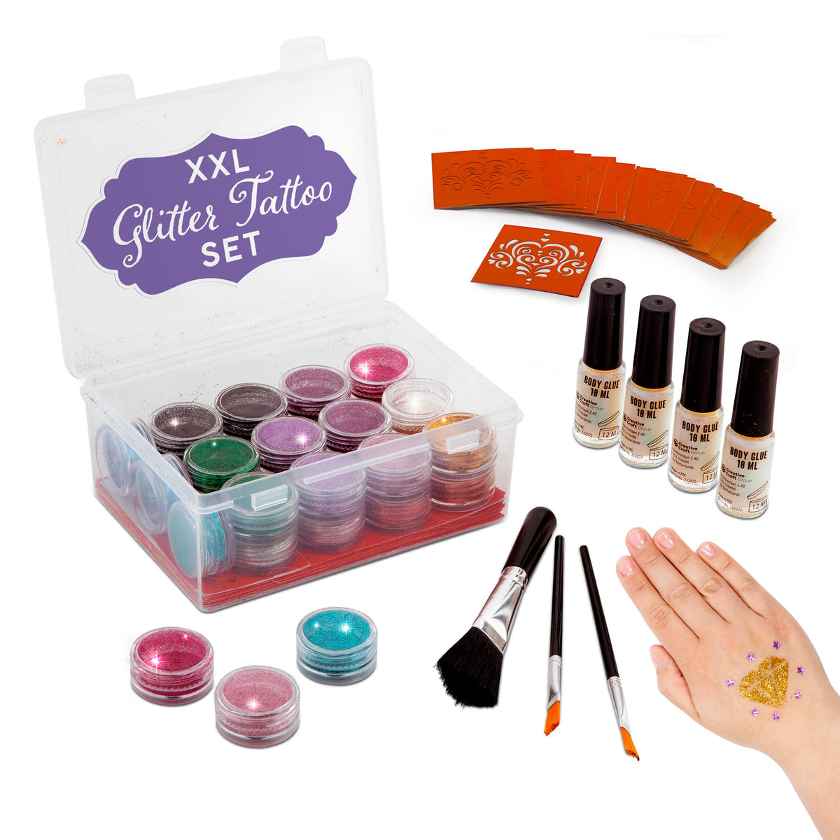 Joya Creative XXL Glitzer-Tattoo-Set – Biologisch abbaubare Glitzer für Festival-Tattoos, Karneval & Kindergeburtstage