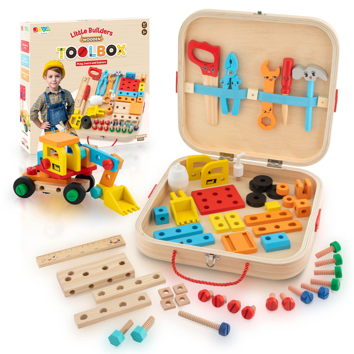 Joya Creative Wooden Tool Box 57 Pieces – FSC Tool Toy with Workbench for Children
