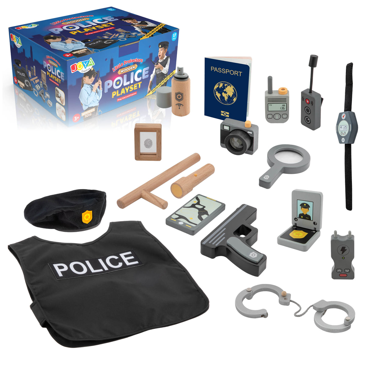 Joya Creative Wooden Police Set 17 Pieces – FSC Police Case with Accessories for Role Play
