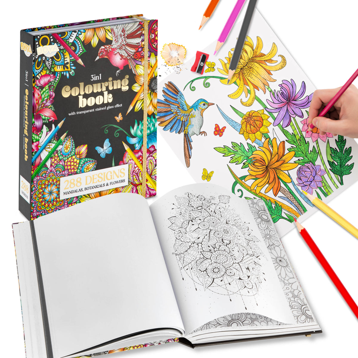 Joya Creative Luxe Adult Coloring Book – 288 Coloring Pages with Foil Print, Mandalas, Animals & Botanical Illustrations
